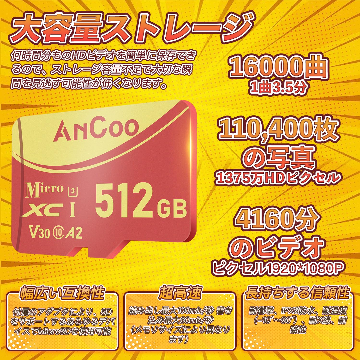 Amazon | AnCoo マイクロSDカード 512GB MicroSDXC UHS-I U3 A2 V30